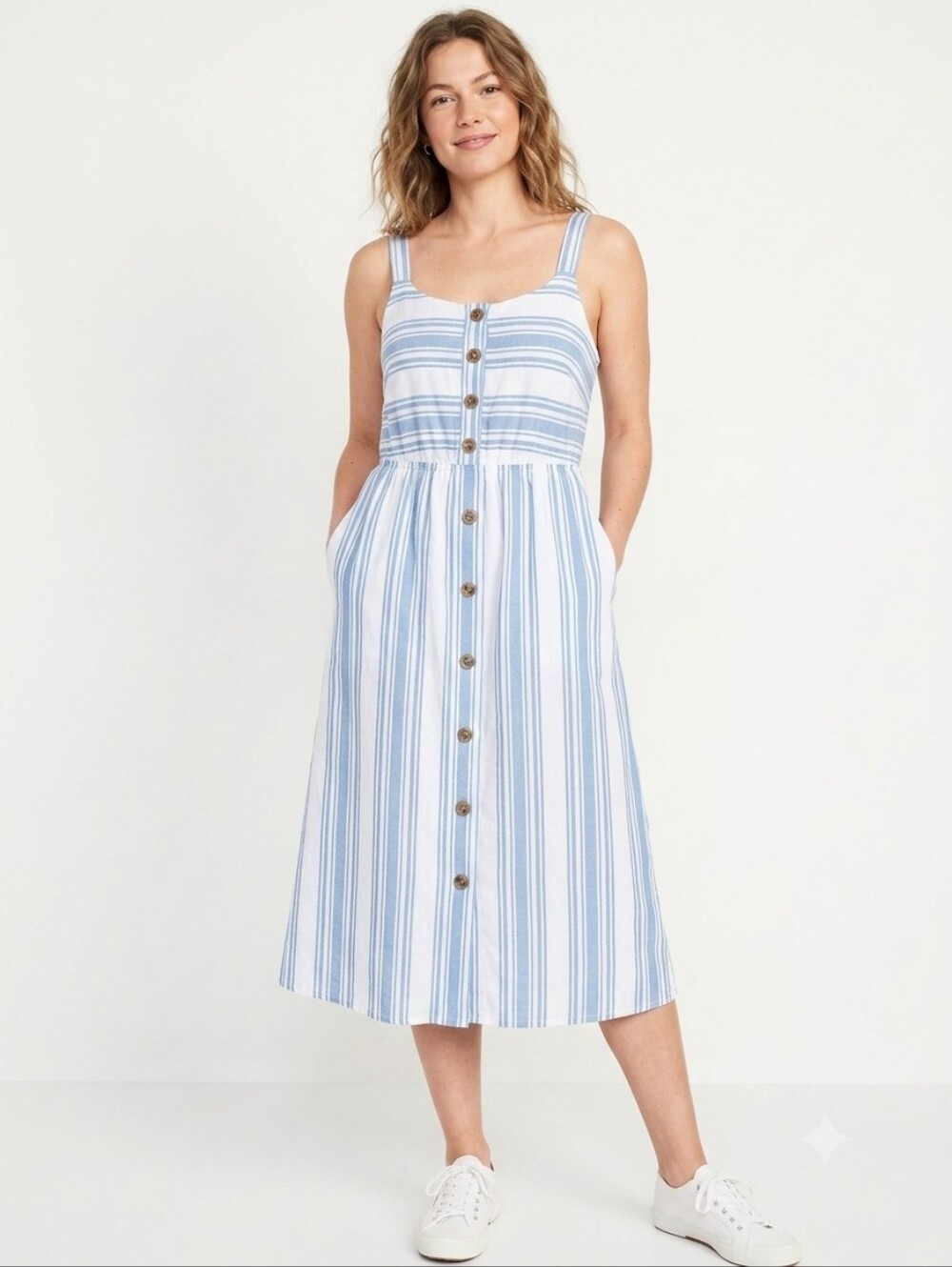 NWT ✨ Ricki's Blue & White Striped Button-Down Midi Dress with POCKETS - Size 8
